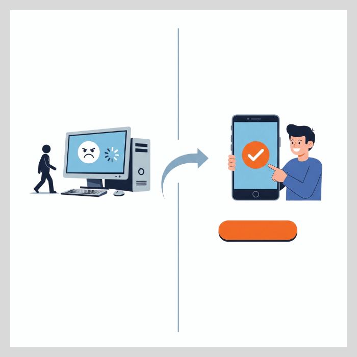 Illustration comparing a user leaving a slow, confusing website versus a user engaging with a fast, mobile-friendly website that drives conversions.