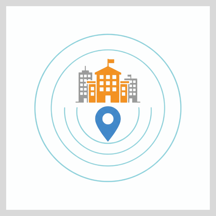 Icon illustrating a school ranking first in local map search results, showing prominence in local SEO.