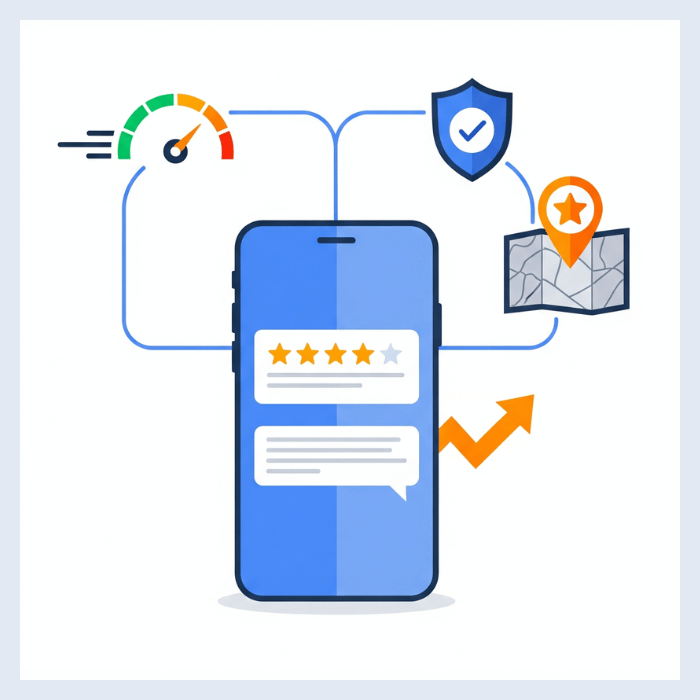 Icon showing the technical SEO phase: optimizing a school's mobile speed, security, and Google Business Profile for local visibility.