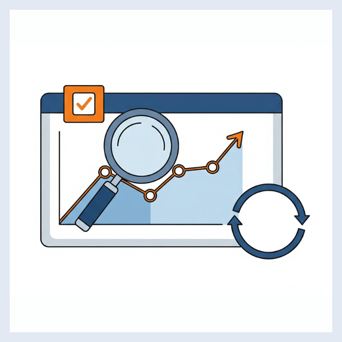 Icon depicting the final SEO phase: monitoring performance data, refining campaigns, and reporting on early growth metrics.