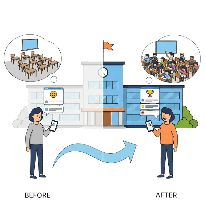Illustration showing a school's transformation from being invisible online with empty classrooms to being highly visible with full classrooms, thanks to effective education marketing.