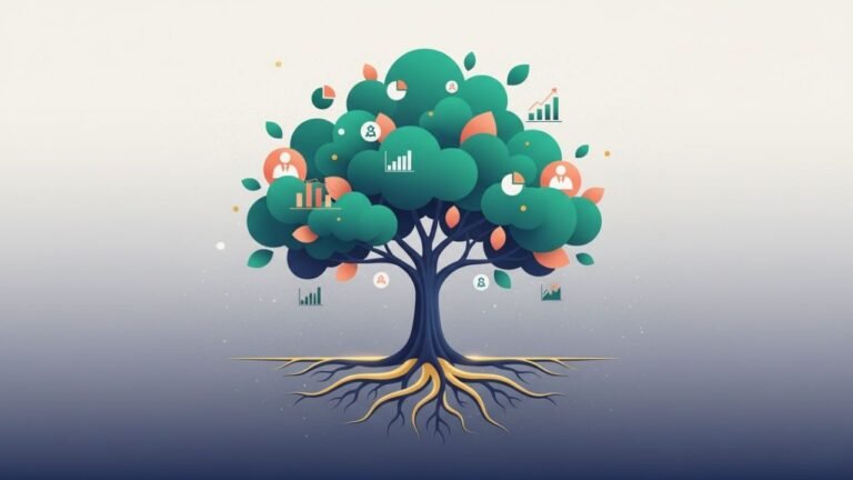 Stylized education marketing tree with roots, trunk, and branches representing strategy, processes, and outcomes.