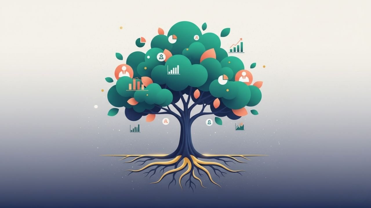 Stylized education marketing tree with roots, trunk, and branches representing strategy, processes, and outcomes.