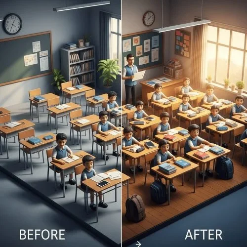 Before and after comparison showing student enrollment growth in a school classroom after education-focused digital marketing